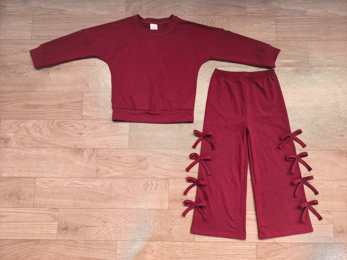 Sample-Real Pics GLP3846 Baby Girl Clothes Solid Burgundy Plain Long Sleeve Top Side Bow Wide Leg Pant Set