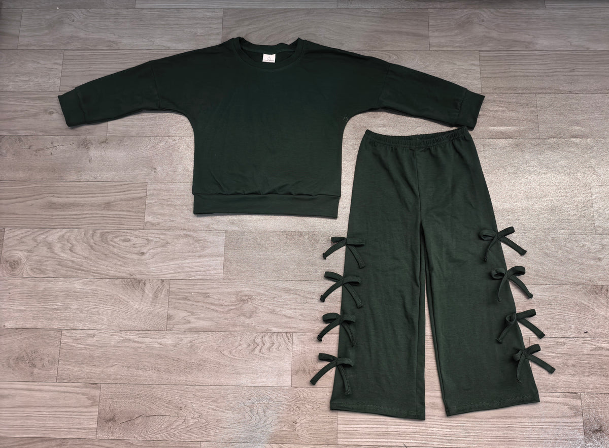 Sample-Real Pics GLP3847 Baby Girl Clothes Solid Dark Green Plain Long Sleeve Top Side Bow Wide Leg Pant Set