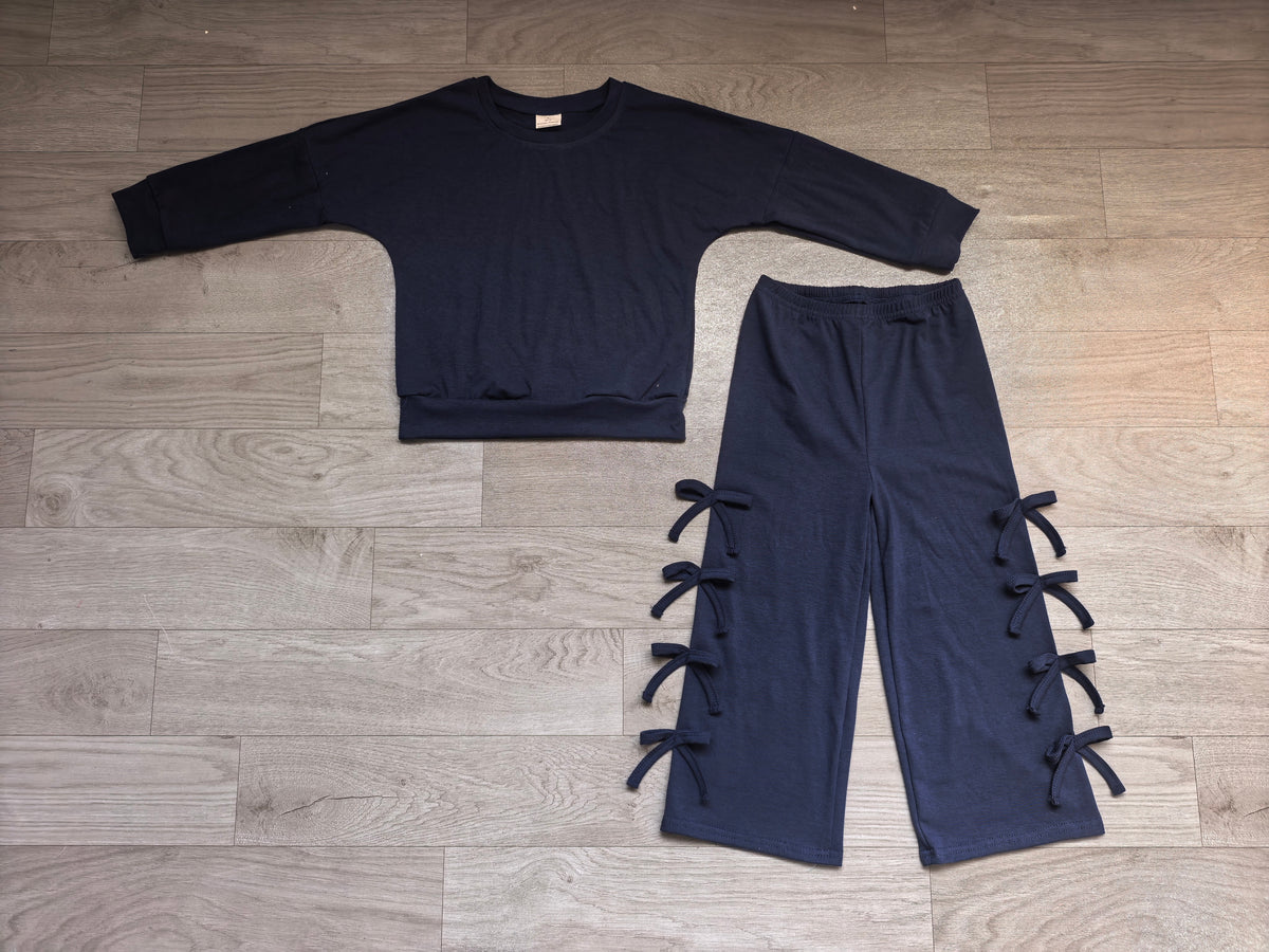 Sample-Real Pics GLP3849 Baby Girl Clothes Solid Navy Plain Print Long Sleeve Crew Neck Top Bow Detail Wide Leg Pant Set