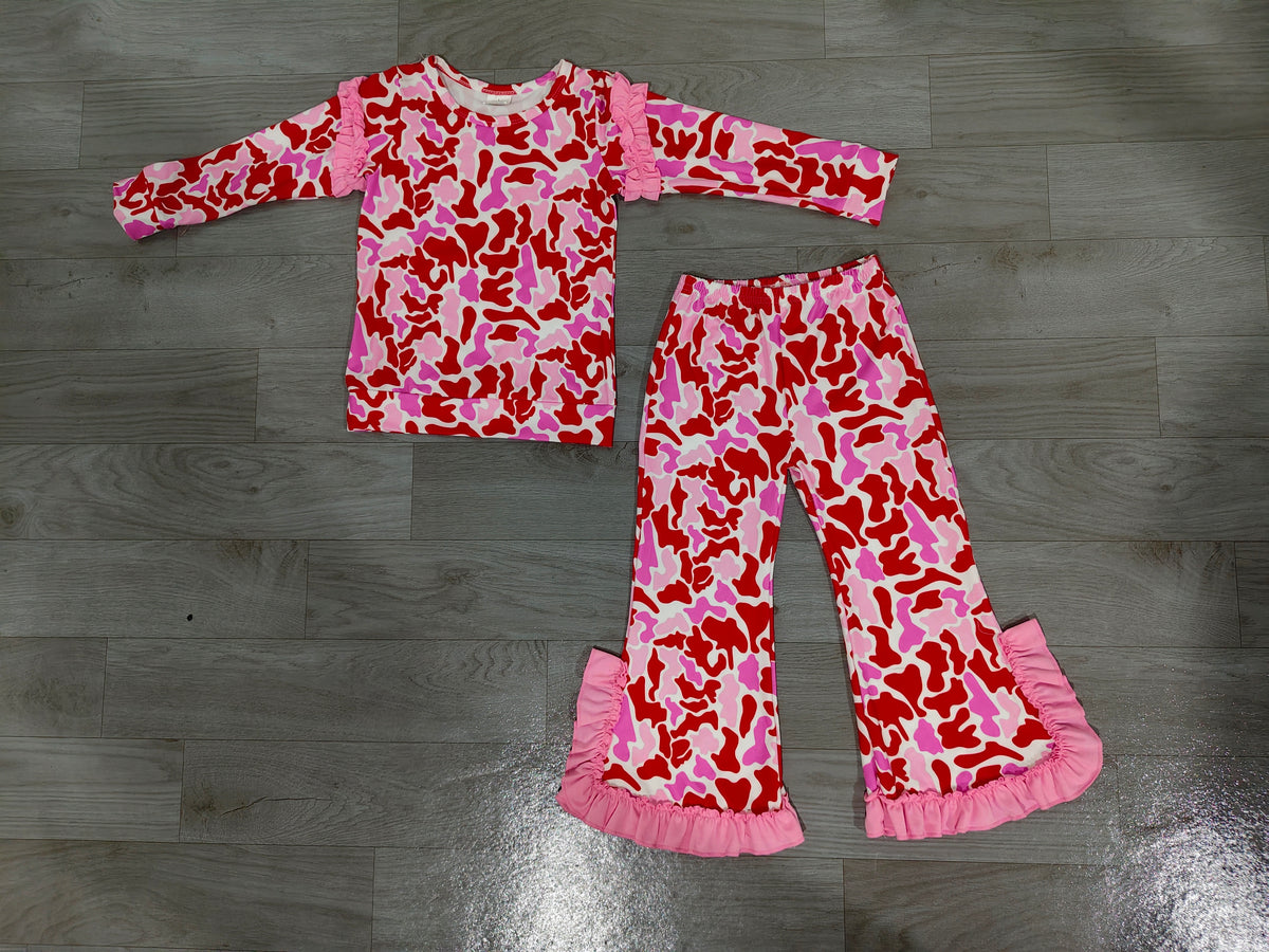 Sample-Real Pics GLP3876 Baby Girl Clothes Red Pink Camo Print Ruffle Long Sleeve Top Flare Pant Set