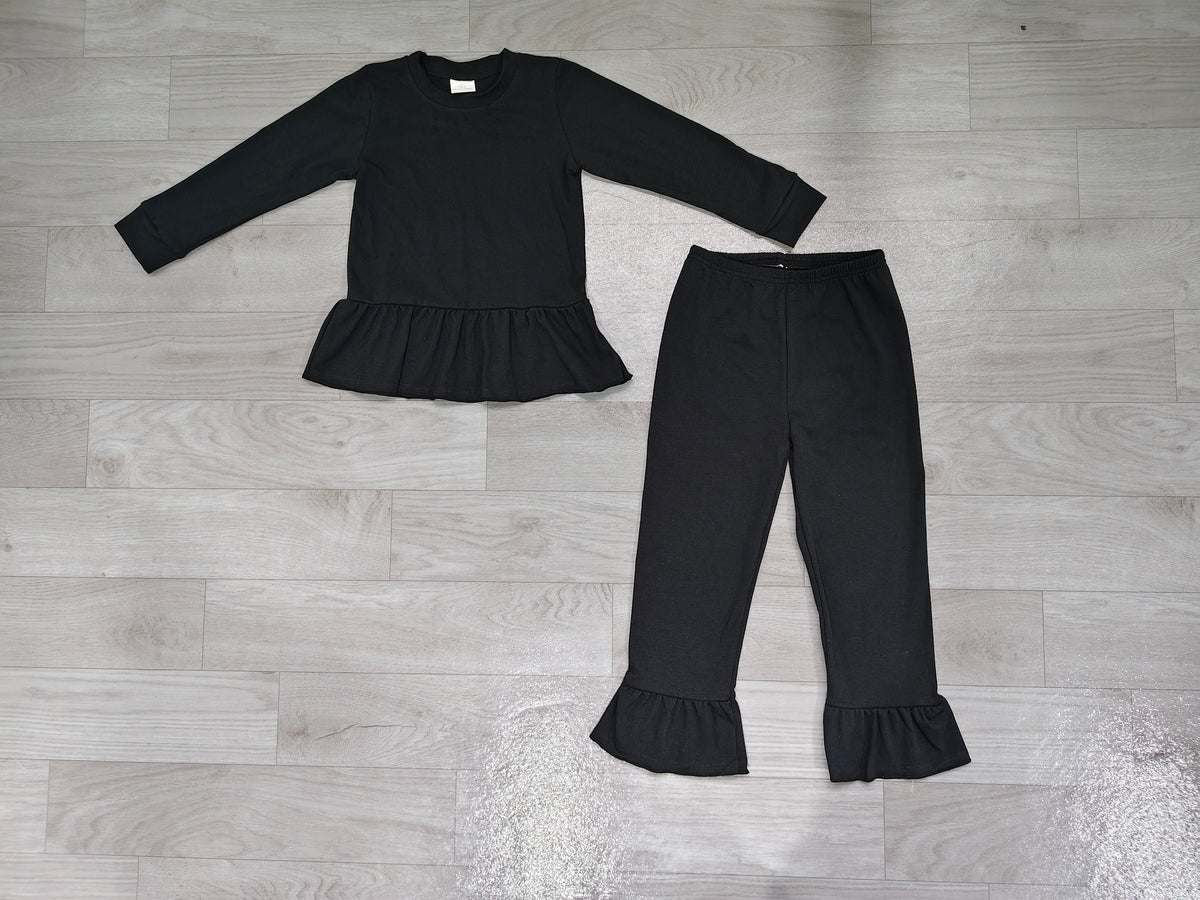 Sample-Real Pics GLP3885 Baby Girl Clothes Solid Black Plain Print Long Sleeve Ruffle Top Flare Pant Set