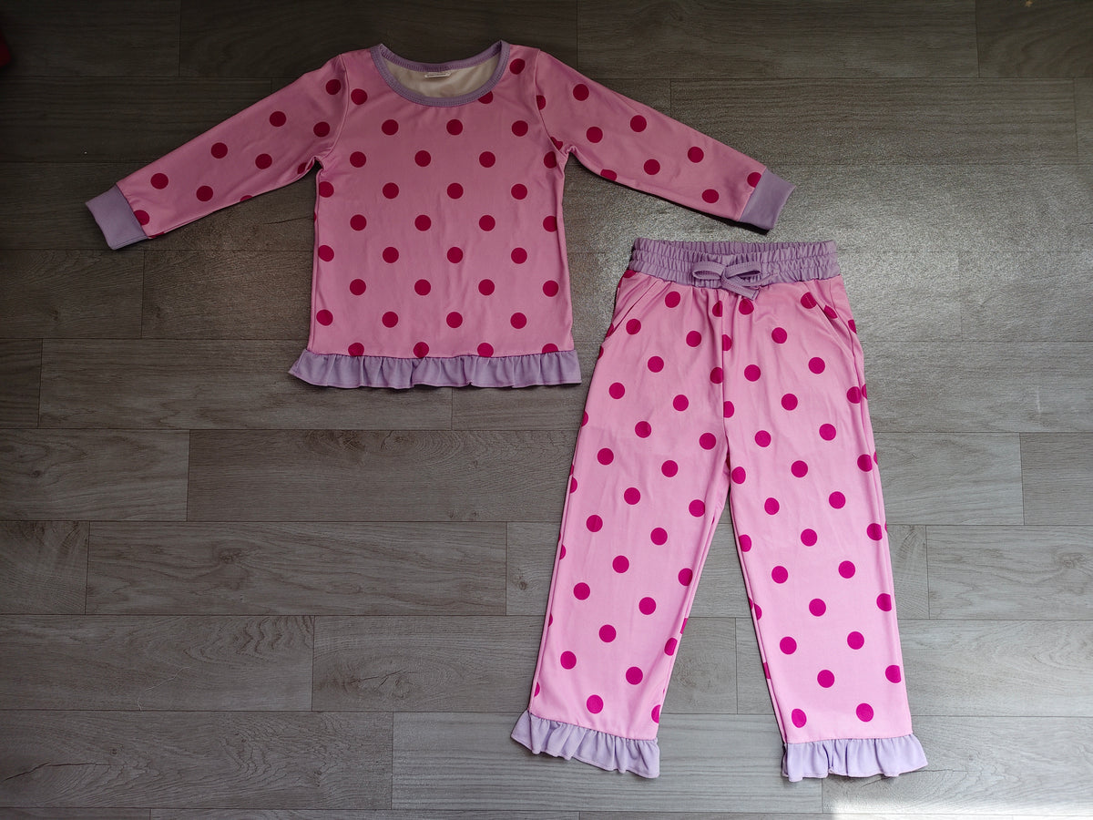 Sample-Real Pics GLP3901 Baby Girl Clothes Heart Dot Print Long Sleeve Lace Trim Flare Pant Set