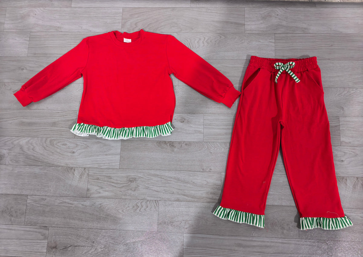Sample-Real Pics GLP3916 Baby Girl Clothes Solid Red With Green Stripe Ruffle Print Long Sleeve Pant Set