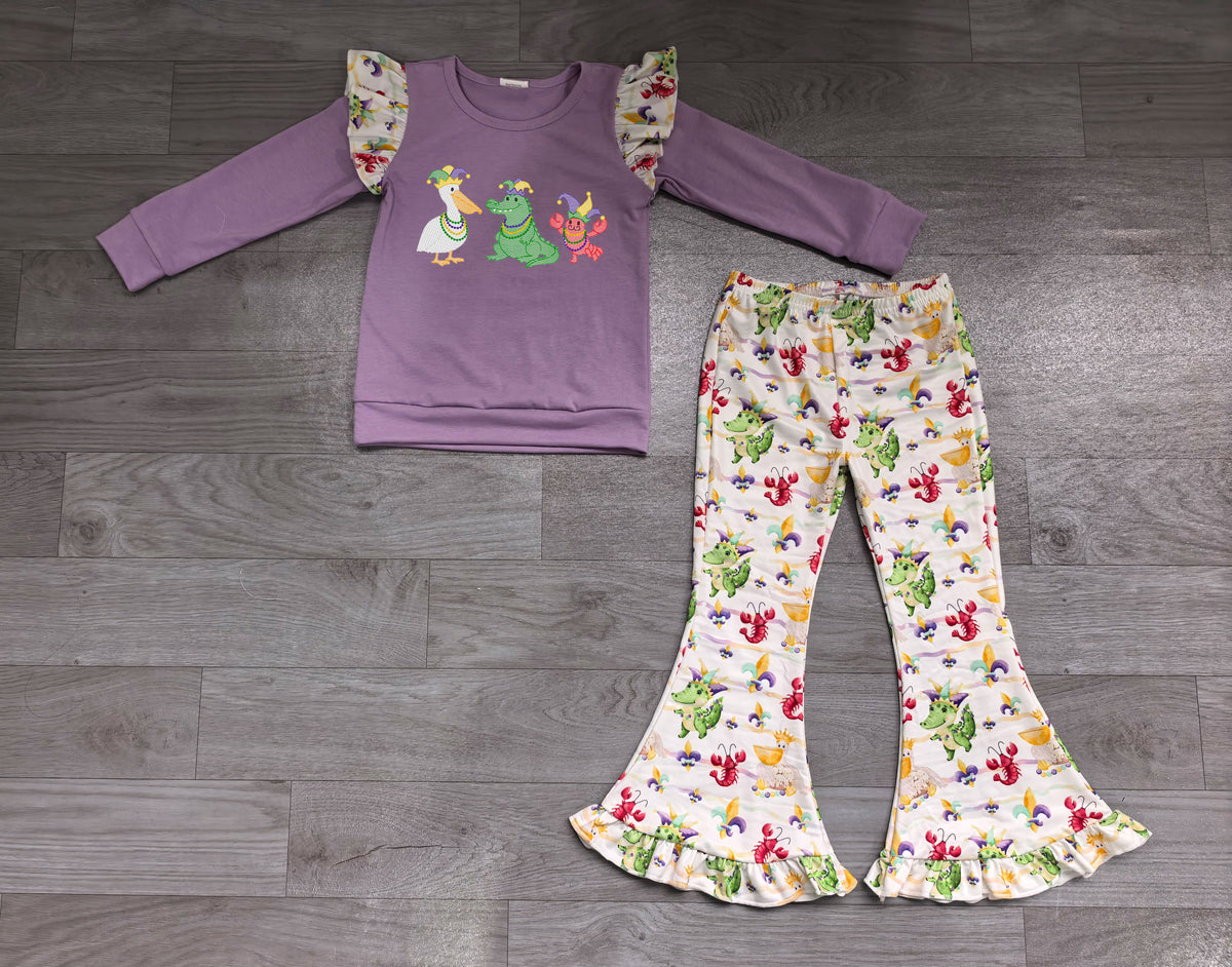 Sample-Real Pics GLP3923 Baby Girl Clothes Easter Carrot Embroidery Mixed Print Long Sleeve Top And Flare Pant Set