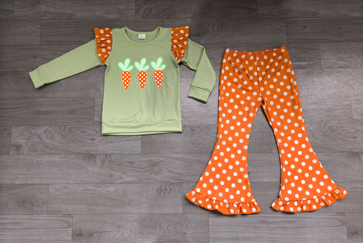 Sample-Real Pics GLP3924 Baby Girl Clothes Easter Carrot Embroidery Diamond Print Long Sleeve Top And Flare Pant Set