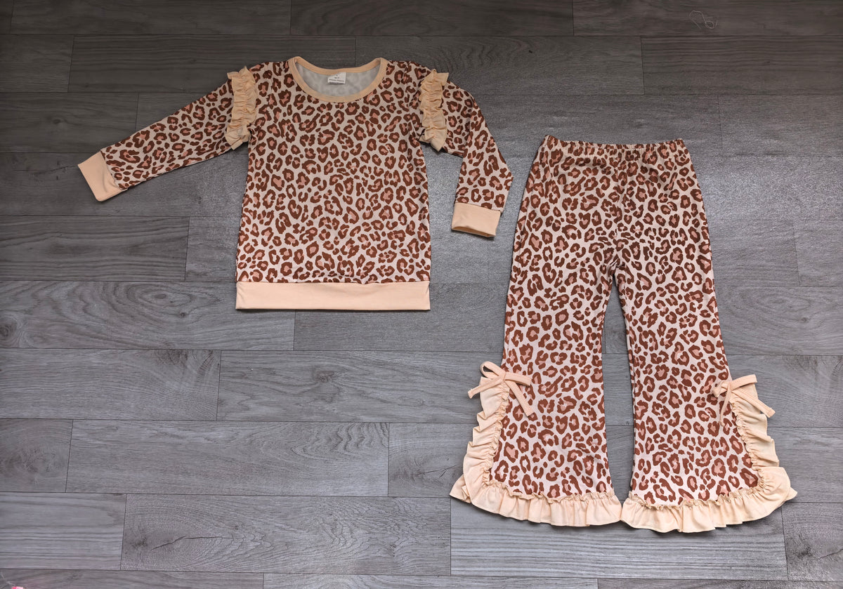 Sample-Real Pics GLP3927 Baby Girl Clothes Brown Leopard Print Long Sleeve Flare Pant Set