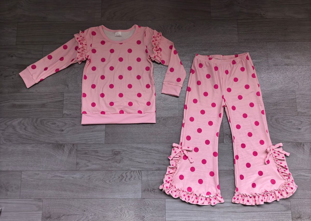 Sample-Real Pics GLP3928 Baby Girl Clothes Pink Heart Dot Print Long Sleeve Flare Pant Set