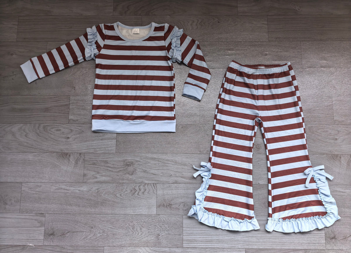 Sample-Real Pics GLP3929 Baby Girl Clothes Brown Stripe Print Long Sleeve Flare Pant Set