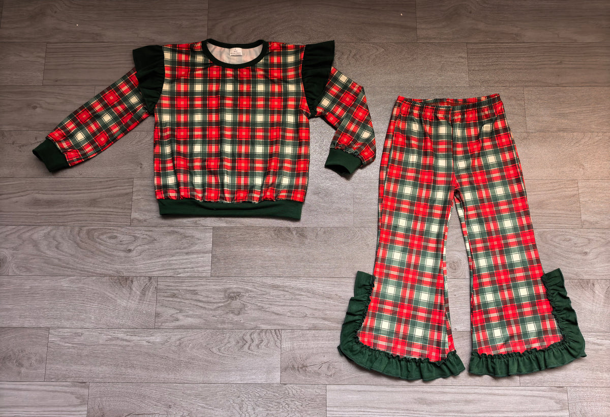 Sample-Real Pics GLP3941 Baby Girl Clothes Christmas Tartan Plaid Print Long Sleeve Ruffle Flare Pant Set