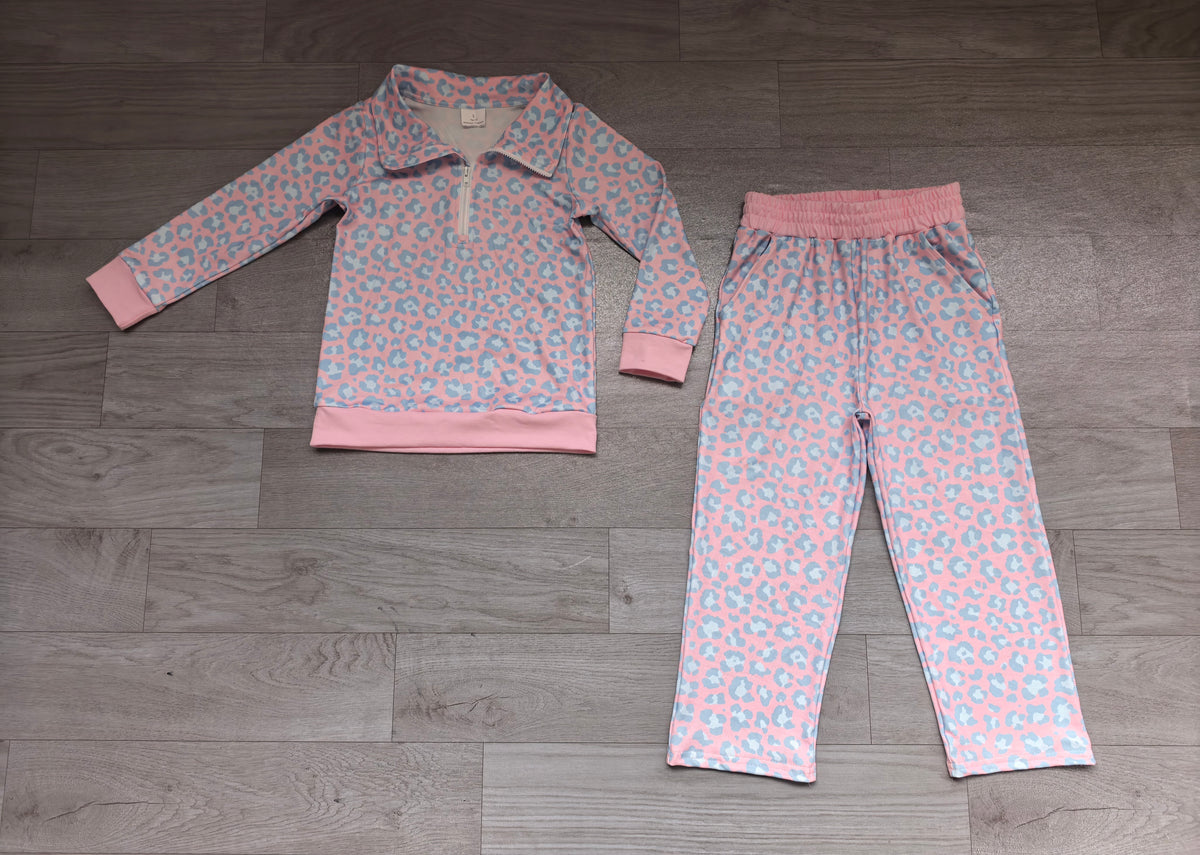 Sample-Real Pics GLP3944 Baby Girl Clothes Blue Pink Leopard Print Long Sleeve Half Zip Collar Top Straight Pant Set