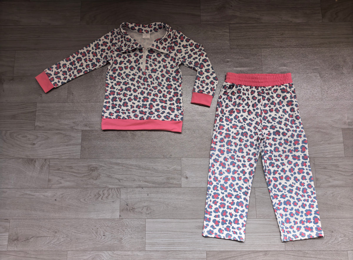 Sample-Real Pics GLP3945 Baby Girl Clothes Red Blue Leopard Print Long Sleeve Half Zip Collar Top Straight Pant Set