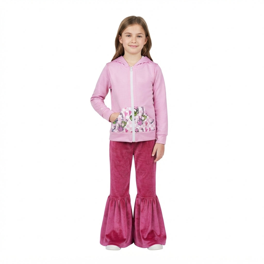 NO MOQ RTS GLP3953-bundle (2) Baby Girl Clothes Cartoon Character Print Long Sleeve Zip Hoodie Velvet Flare Pant Set 202609