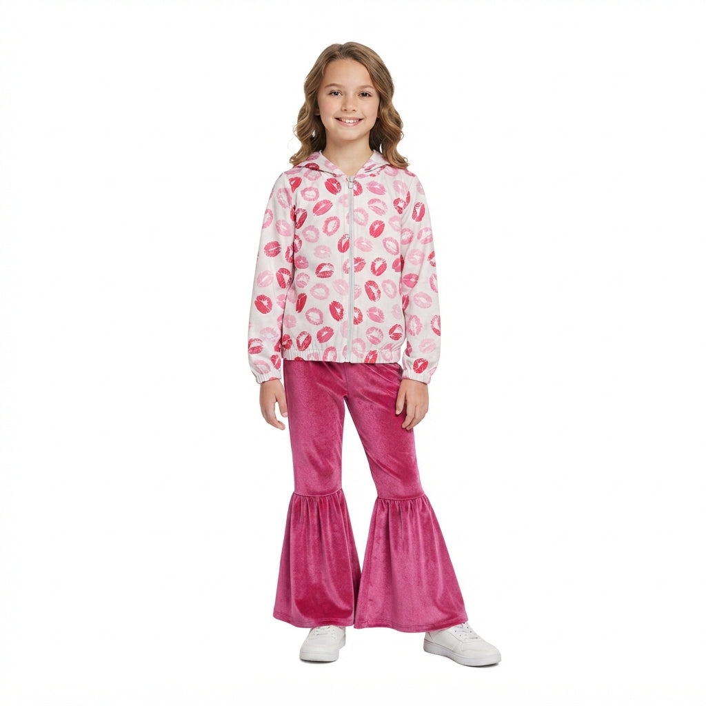 NO MOQ RTS GLP3954-bundle (2) Baby Girl Clothes Red Lip Kiss Print Long Sleeve Zip Hoodie Velvet Flare Pant Set 202609