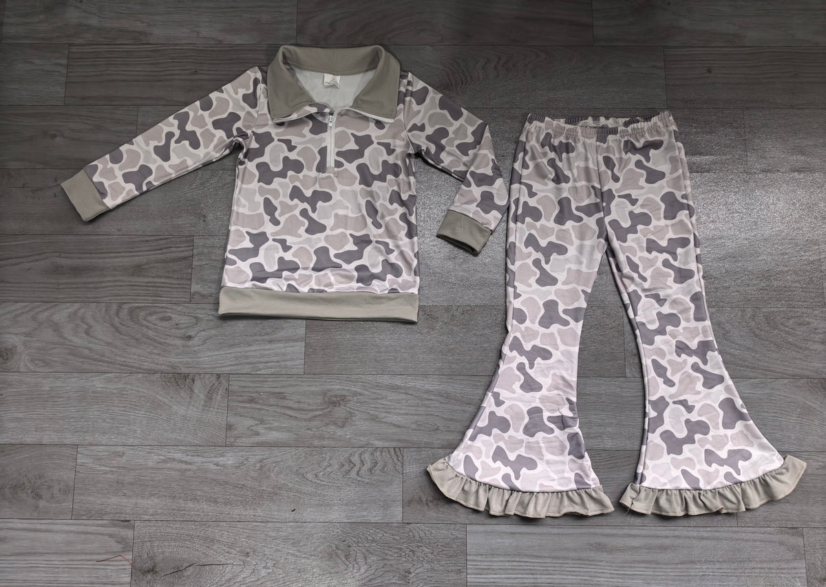 Sample-Real Pics GLP3958 Baby Girl Clothes Leopard Lace Print Long Sleeve Top And Fringe Flare Pant Set