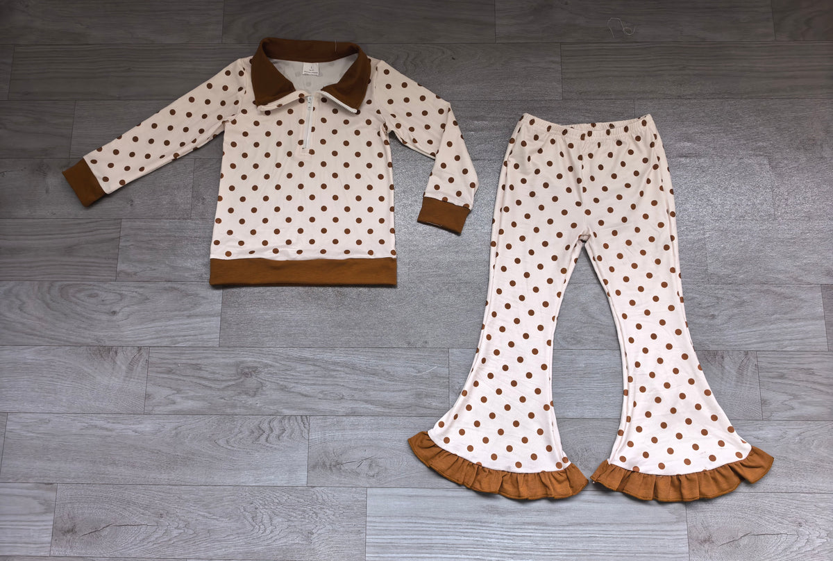 Sample-Real Pics GLP3959 Baby Girl Clothes White Lattice Print Long Sleeve Flare Pant Set