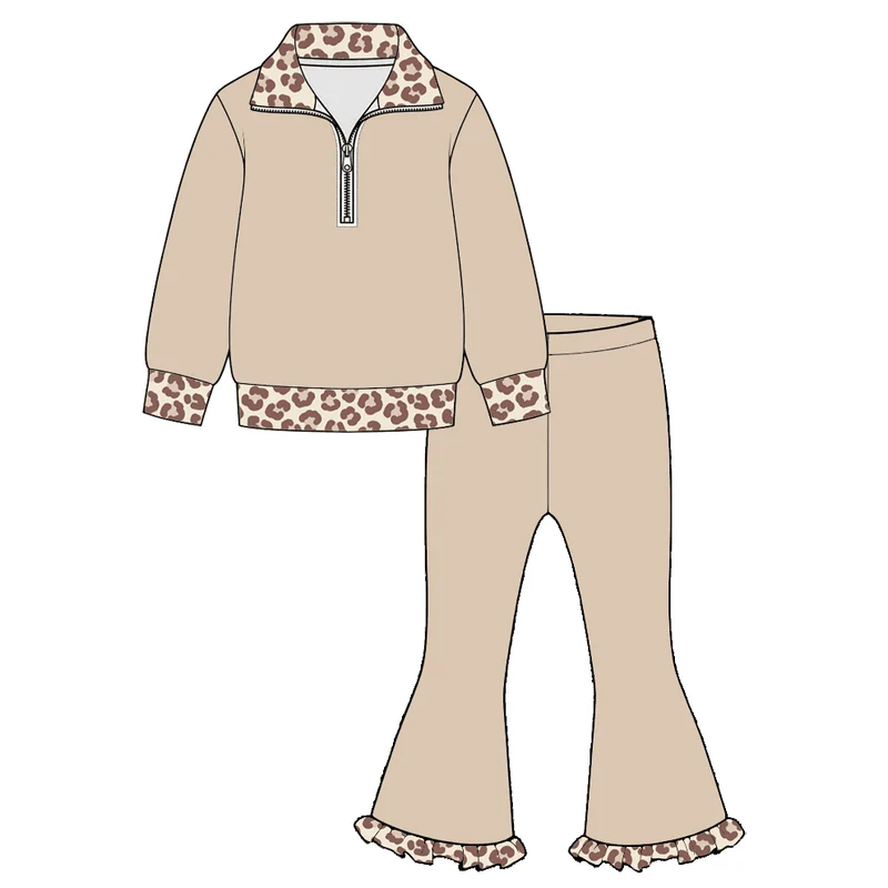 Preorder (moq 5) GLP3960 Baby Girl Clothes Solid Khaki Leopard Trim Print Half Zip Top Ruffle Flare Pant Outfit Set