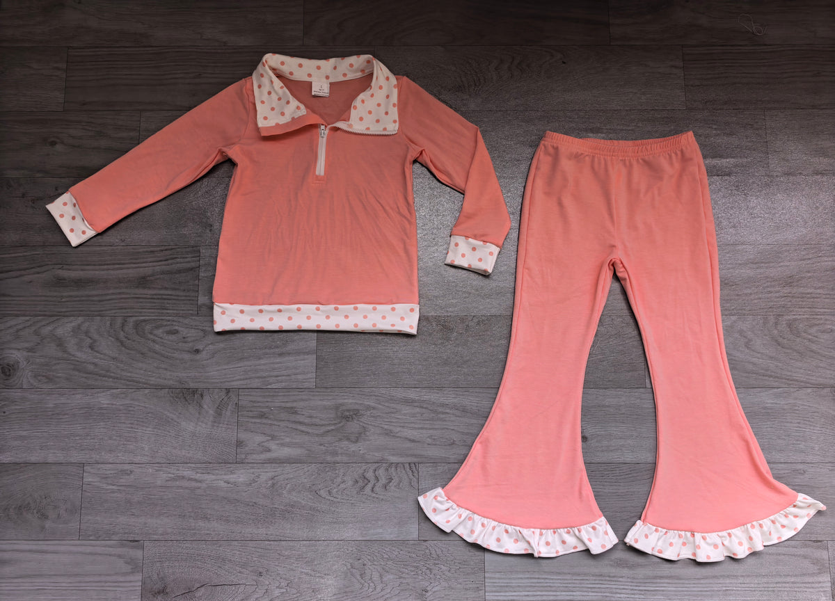 Sample-Real Pics GLP3961 Baby Girl Clothes Solid Coral Peter Pan Collar Long Sleeve Flare Pant Set