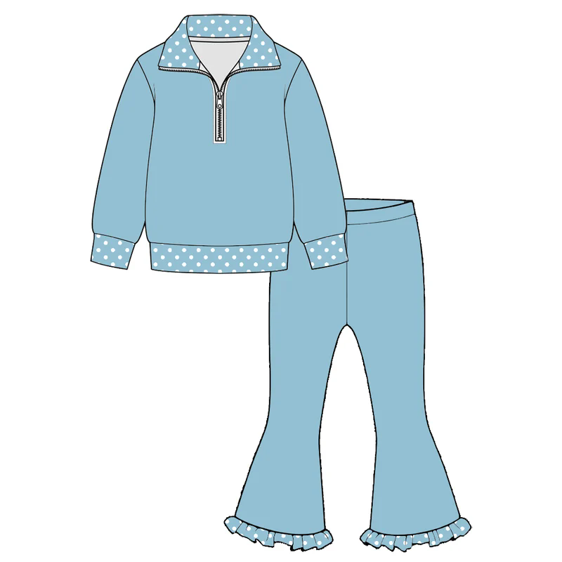 Preorder (moq 5) GLP3963 Baby Girl Clothes Solid Light Blue Polka Dot Trim Print Half Zip Top Ruffle Flare Pant Outfit Set