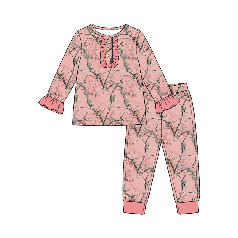 Preorder (moq 5) GLP3964 Baby Girl Clothes Pink Tree Camo Mixed Print Long Sleeve Ruffle Henley Top Jogger Pants Pajama Set