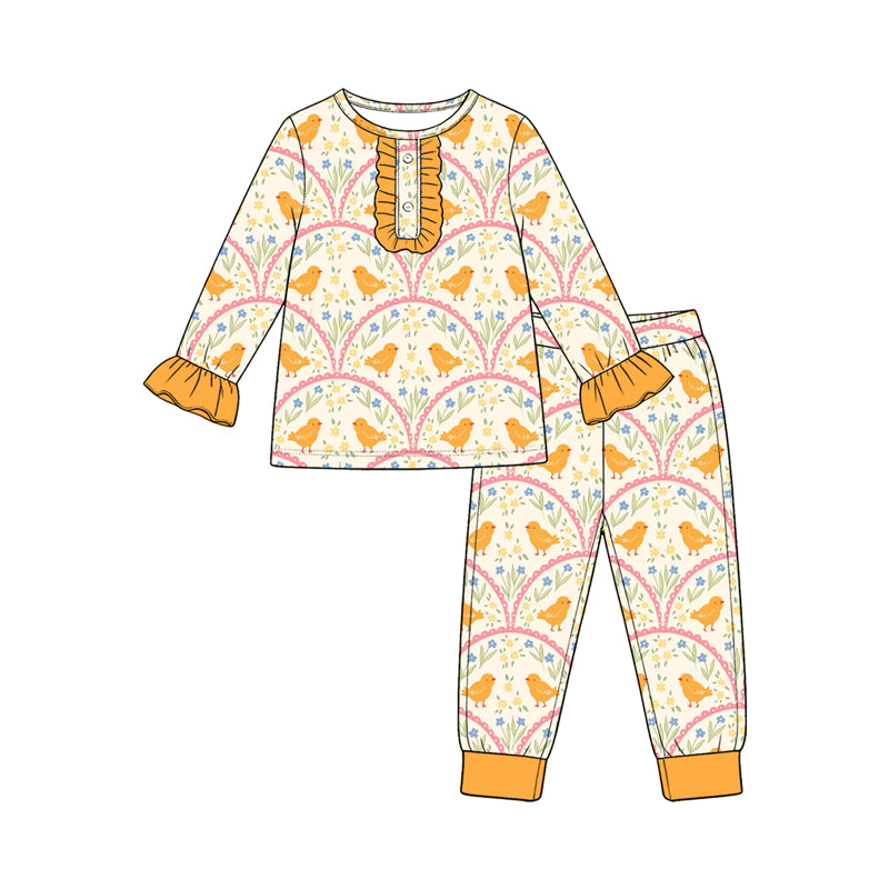 Preorder (moq 5) GLP3965 Baby Girl Clothes Yellow Chick Floral Mixed Print Long Sleeve Ruffle Henley Top Jogger Pants Pajama Set