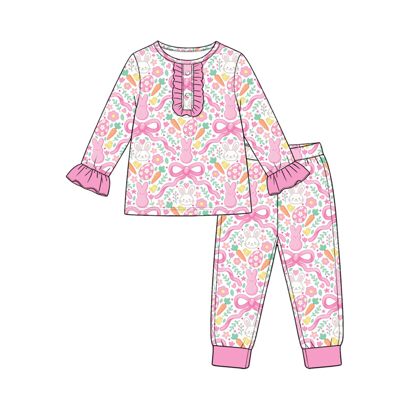 Preorder (moq 5) GLP3966 Baby Girl Clothes Easter Bunny Bow Carrot Mixed Print Long Sleeve Ruffle Henley Top Jogger Pants Pajama Set