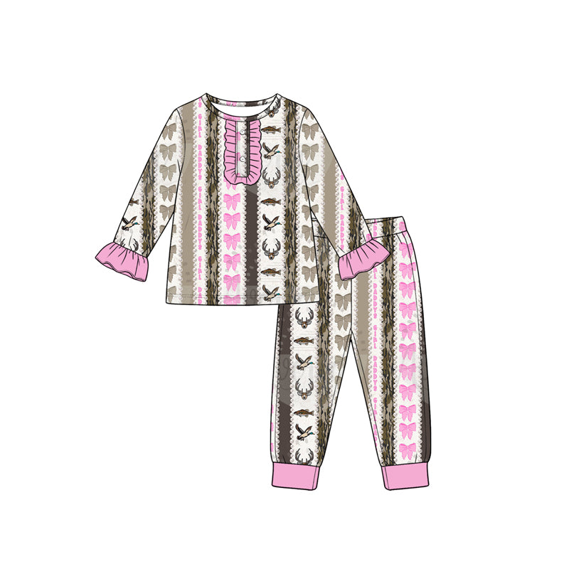 Preorder (moq 5) GLP3974 Baby Girl Clothes Hunting Deer Duck Pink Bow Striped Mixed Print Long Sleeve Ruffle Cuff Top Jogger Pant Pajama Set