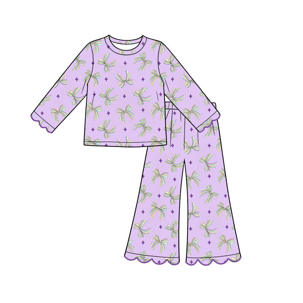 Preorder (moq 5) GLP3976 Baby Girl Clothes Purple Bow Diamond Print Long Sleeve Flare Pant Set