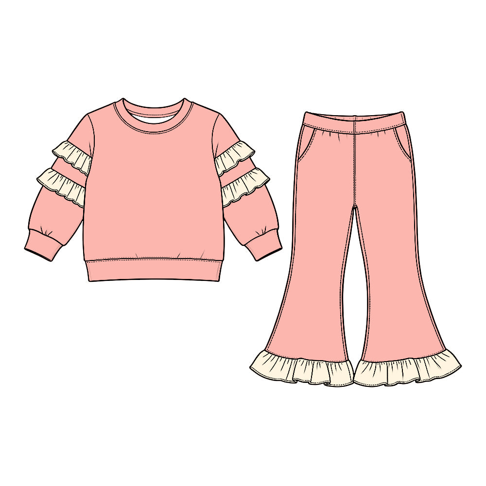 Preorder (moq 5) GLP3980 Baby Girl Clothes Solid Peach Color Ruffle Tier Long Sleeve Flare Pant Set