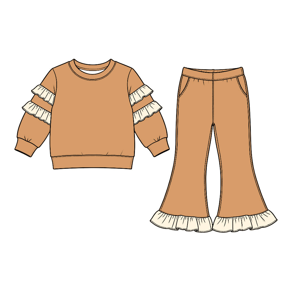 Preorder (moq 5) GLP3982 Baby Girl Clothes Solid Camel Color Ruffle Tier Long Sleeve Flare Pant Set