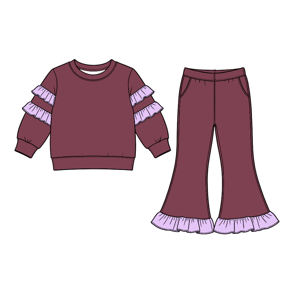 Preorder (moq 5) GLP3983 Baby Girl Clothes Solid Wine Purple Ruffle Tier Long Sleeve Flare Pant Set