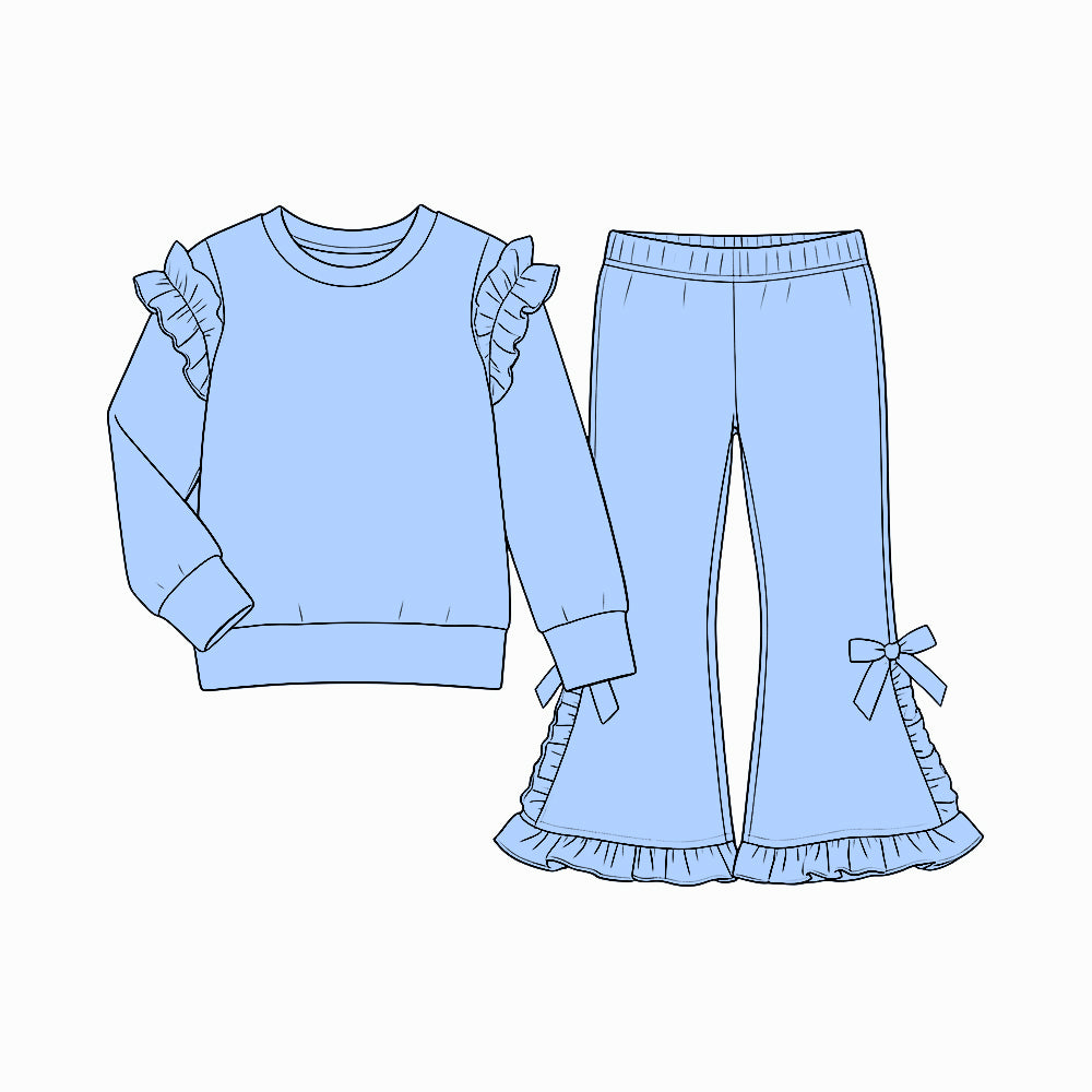 Preorder (moq 5) GLP3984 Baby Girl Clothes Solid Light Blue Shoulder Ruffle Bow Long Sleeve Flare Pant Set