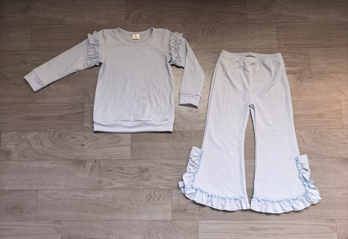 Sample-Real Pics GLP3984 Baby Girl Clothes Solid Light Blue Plain Print Long Sleeve Ruffle Top Ruffle Flare Pant Set