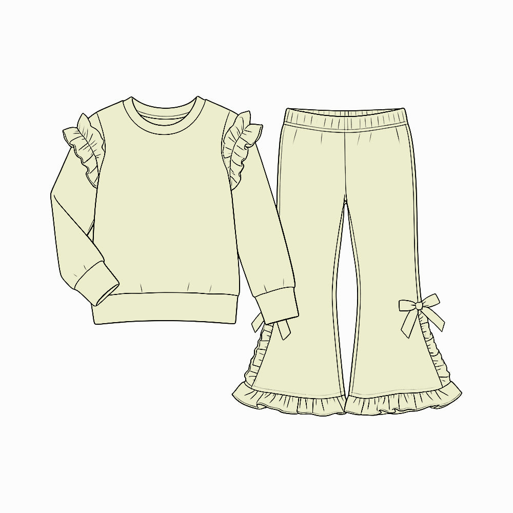 Preorder (moq 5) GLP3986 Baby Girl Clothes Solid Cream Ruffle Shoulder Long Sleeve Bow Flare Pant Set