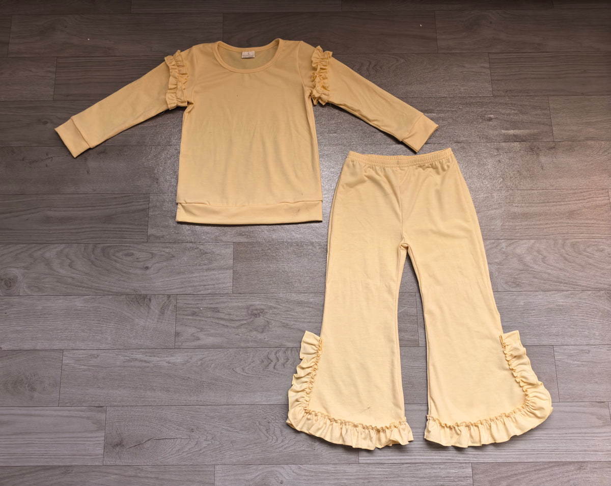 Sample-Real Pics GLP3986 Baby Girl Clothes Solid Cream Plain Print Long Sleeve Ruffle Flare Pant Set