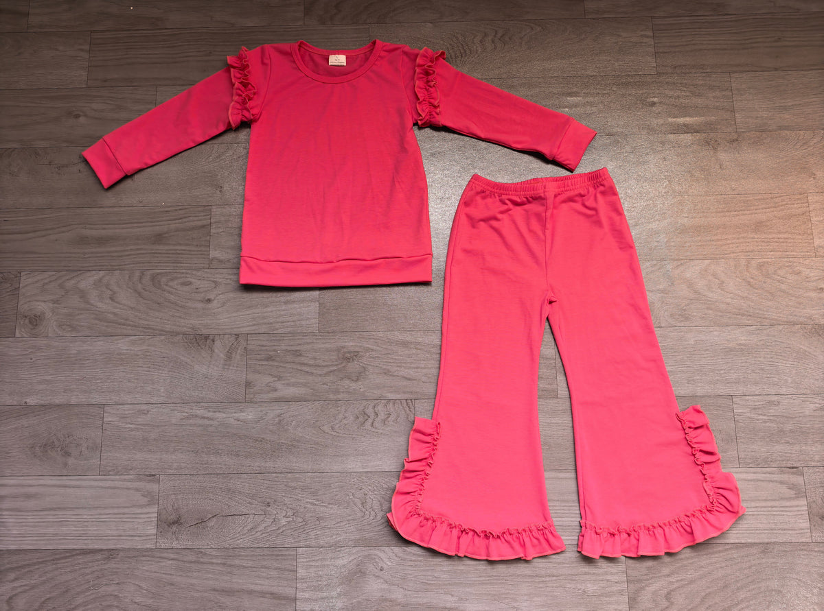 Sample-Real Pics GLP3987 Baby Girl Clothes Solid Rose Plain Print Long Sleeve Ruffle Top Ruffle Flare Pant Set