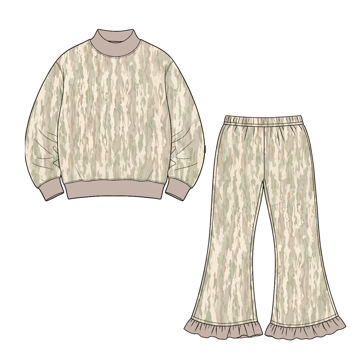 Preorder (moq 5) GLP3988 Baby Girl Clothes Watercolor Camo Mixed Print Long Sleeve Mock Neck Flare Pant Set