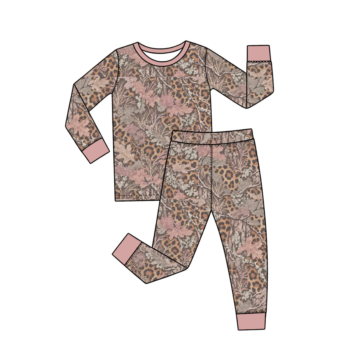 Preorder (moq 5) GLP3989 Baby Girl Clothes Leopard Camo Leaf Mixed Print Long Sleeve Pajama Set
