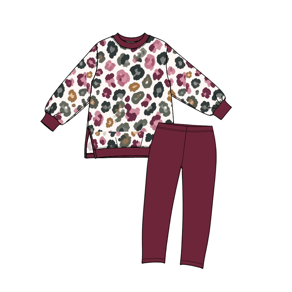 Preorder (moq 5) GLP3991 Baby Girl Clothes Watercolor Floral Print Long Sleeve Top And Solid Pant Outfit Set