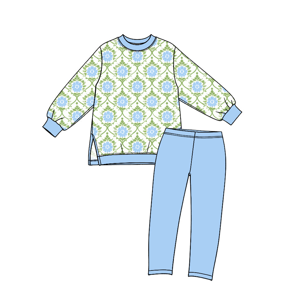Preorder (moq 5) GLP3995 Baby Girl Clothes Vintage Floral Print Long Sleeve Side Slit Top Straight Pant Set