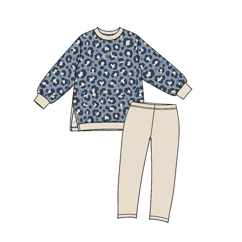 Preorder (moq 5) GLP3996 Baby Girl Clothes Blue Leopard Print Long Sleeve Side Slit Top Straight Pant Set