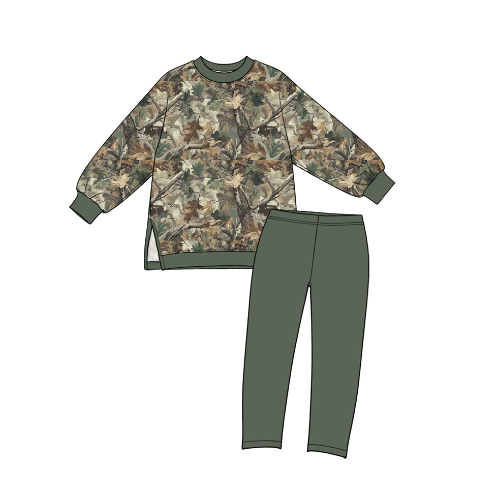 Preorder (moq 5) GLP3998 Baby Boy Clothes Leaf Camo Mixed Print Long Sleeve Side Slit Top Solid Pant Set