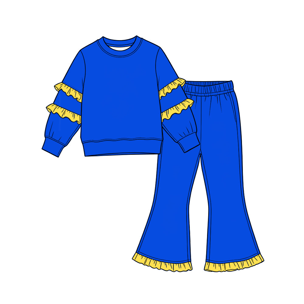 Preorder (moq 5) GLP4008 Baby Girl Clothes Solid Color Stripe Trim Long Sleeve Flare Pant Set