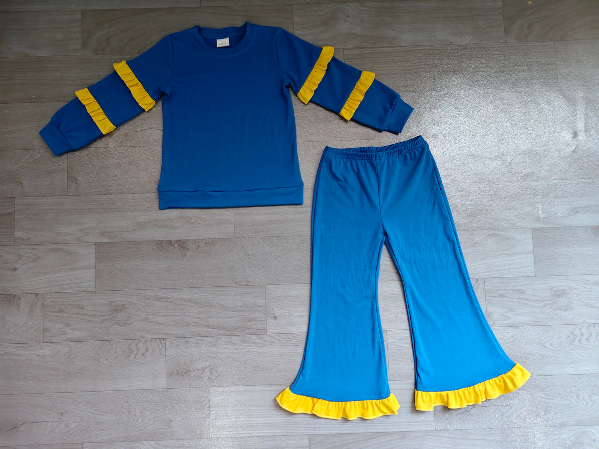 Sample-Real Pics GLP4008 Baby Girl Clothes Solid Striped Sleeve Print Long Sleeve Yellow Ruffle Flare Pant Set