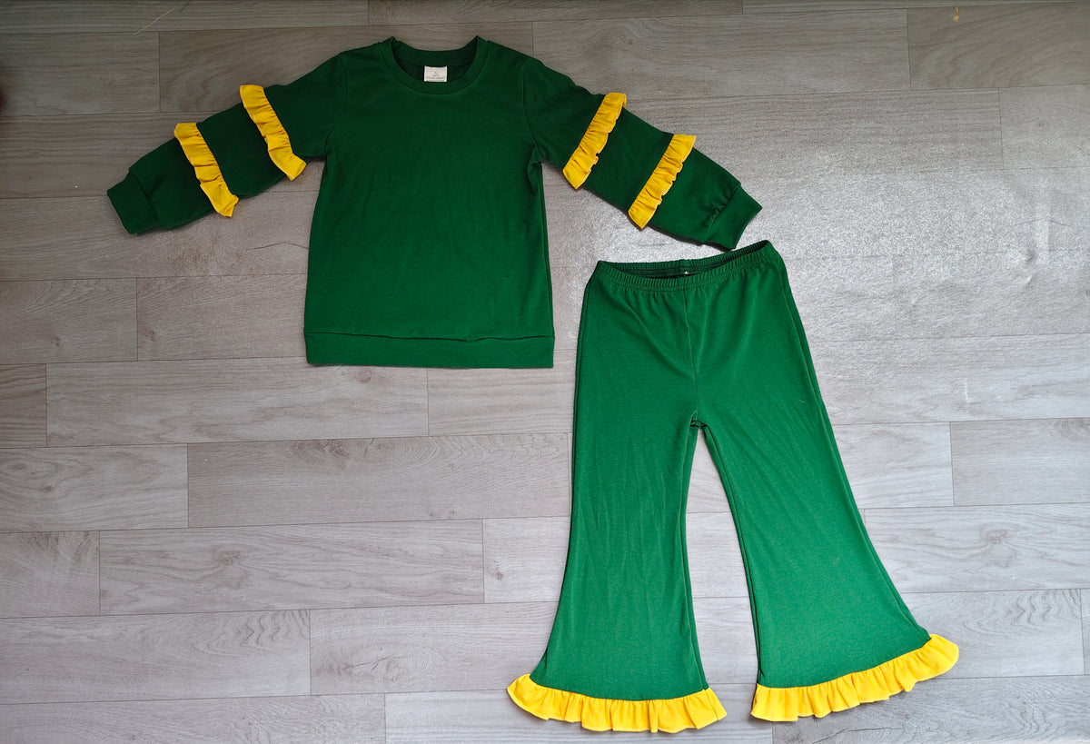 Sample-Real Pics GLP4010 Baby Girl Clothes Striped Sleeve Solid Print Long Sleeve Yellow Ruffle Flare Pant Set