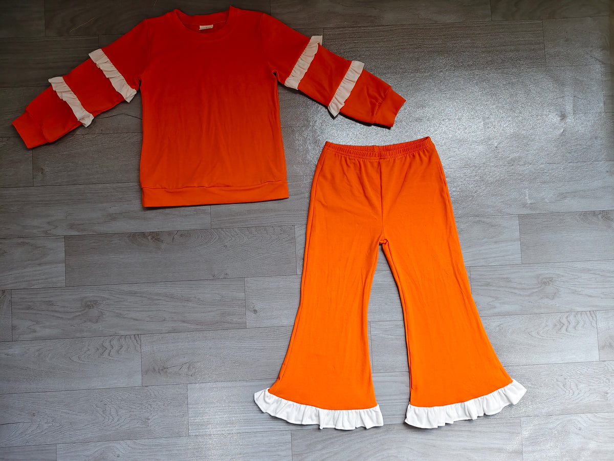 Sample-Real Pics GLP4011 Baby Girl Clothes Striped Sleeve Solid Print Long Sleeve White Ruffle Flare Pant Set