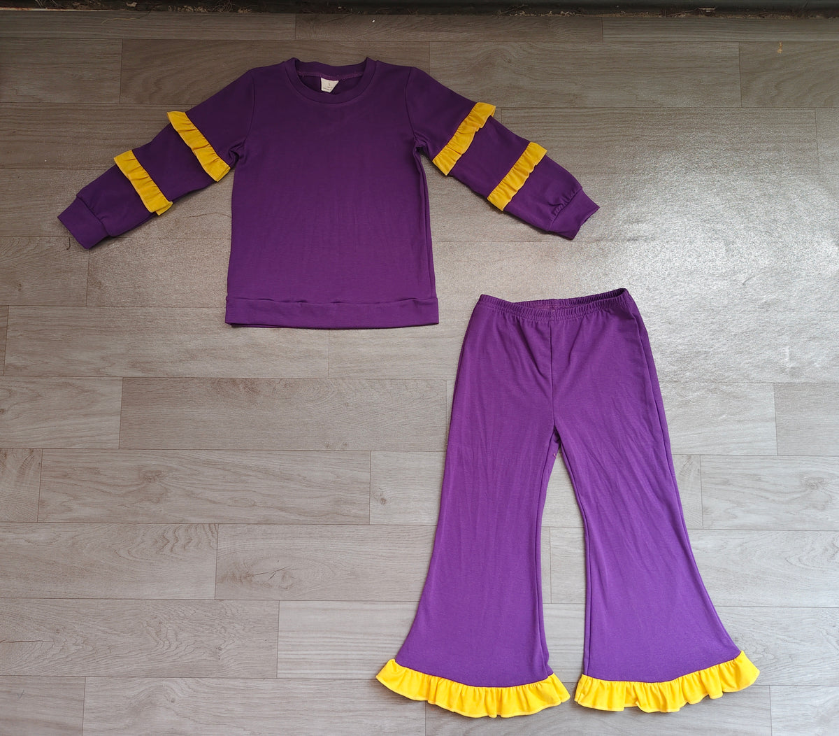 Sample-Real Pics GLP4013 Baby Girl Clothes Striped Sleeve Solid Print Long Sleeve Yellow Ruffle Flare Pant Set
