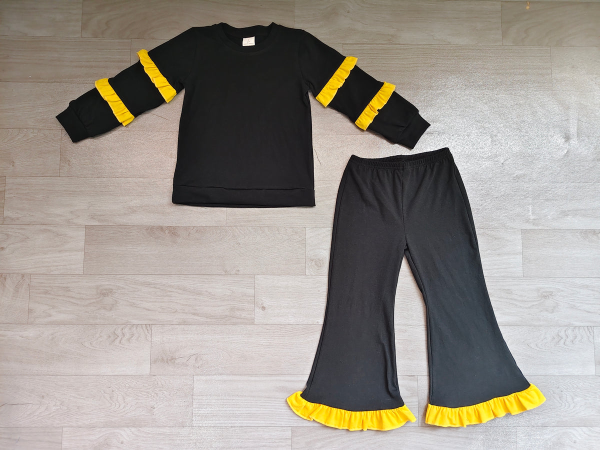 Sample-Real Pics GLP4014 Baby Girl Clothes Striped Sleeve Solid Print Long Sleeve Yellow Ruffle Flare Pant Set