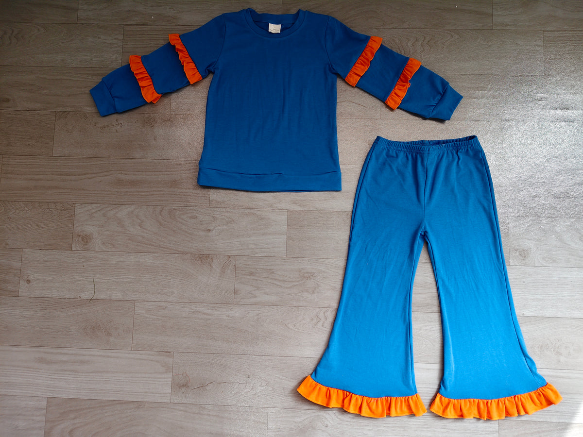 Sample-Real Pics GLP4015 Baby Girl Clothes Striped Sleeve Solid Print Long Sleeve Orange Ruffle Flare Pant Set