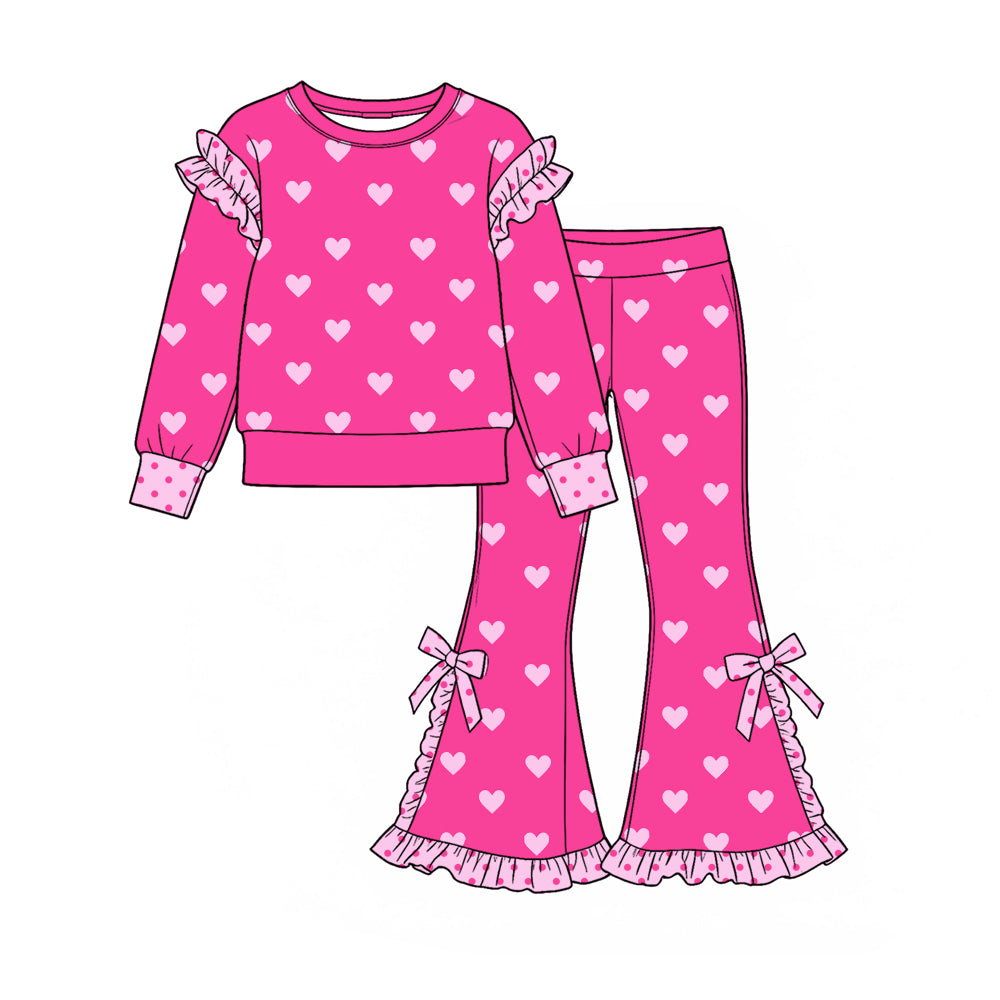 Preorder (moq 5) GLP4016 Baby Girl Clothes Pink Heart Print Long Sleeve Ruffle Top Flare Pant Set