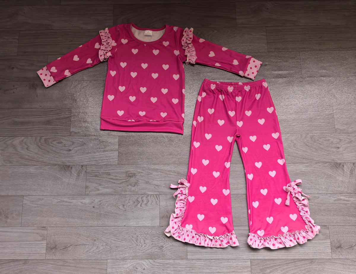 Sample-Real Pics GLP4016 Baby Girl Clothes Pink Heart Polka Dot Mixed Print Long Sleeve Ruffle Top Flare Pant Set